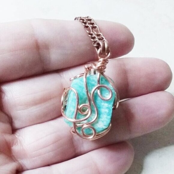 Raw Natural Teal Peruvian Amazonite + Copper Chain! Chunky 2-Sided Pendant - Picture 1 of 11